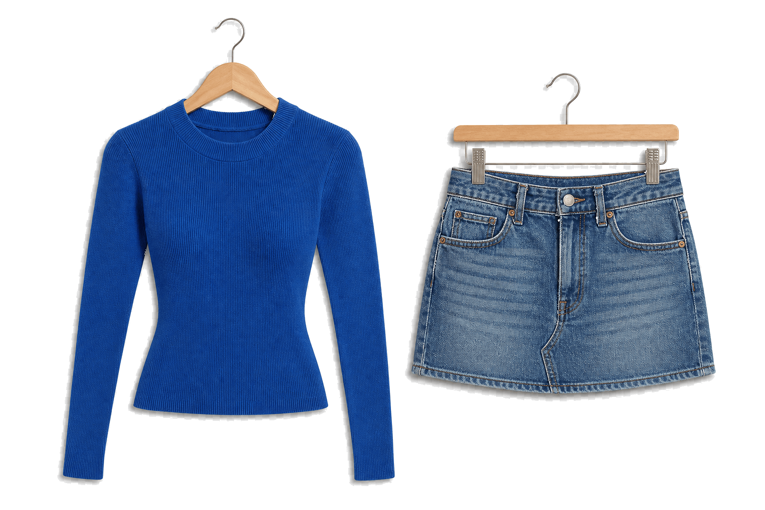 Fitted blue sweater on a wooden hanger beside a denim skirt on clip hangers
