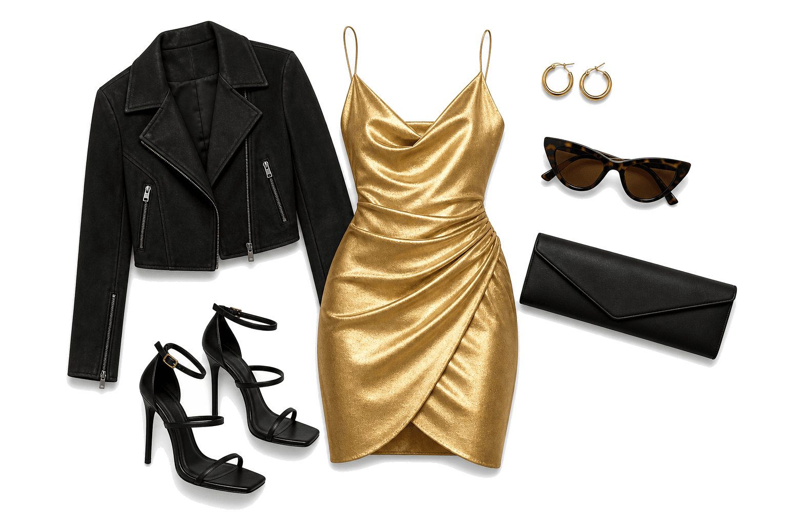 Gold cocktail dress with matte black cropped leather jacket, strappy heels, and slender clutch