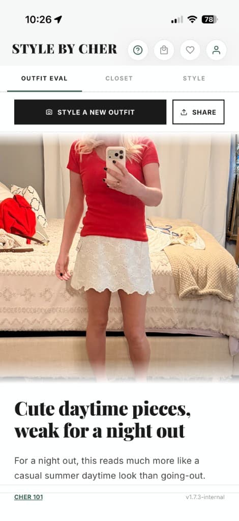 Cher outfit evaluation on a mirror selfie with styling notes
