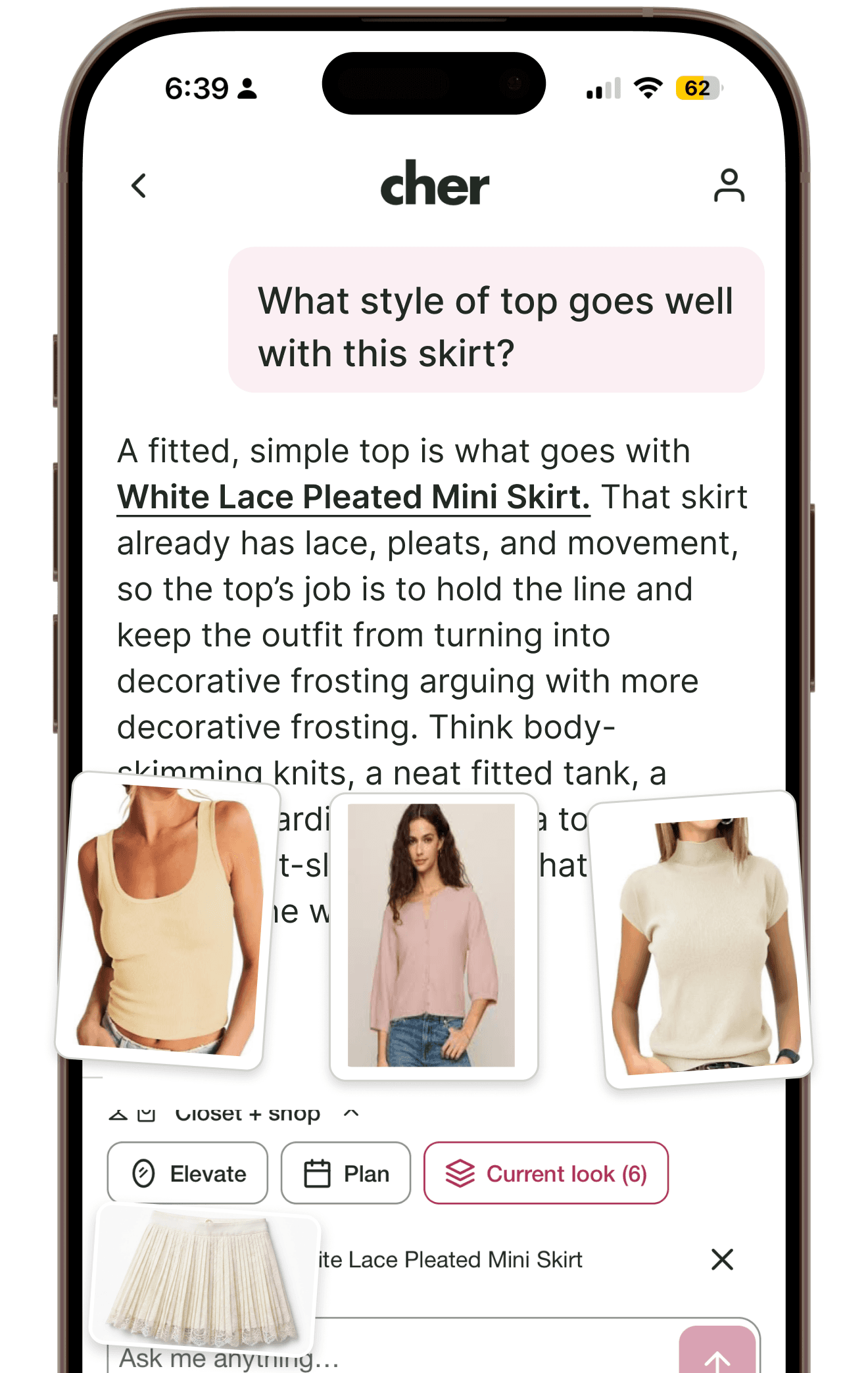 Cher answering what tops work with a pleated skirt
