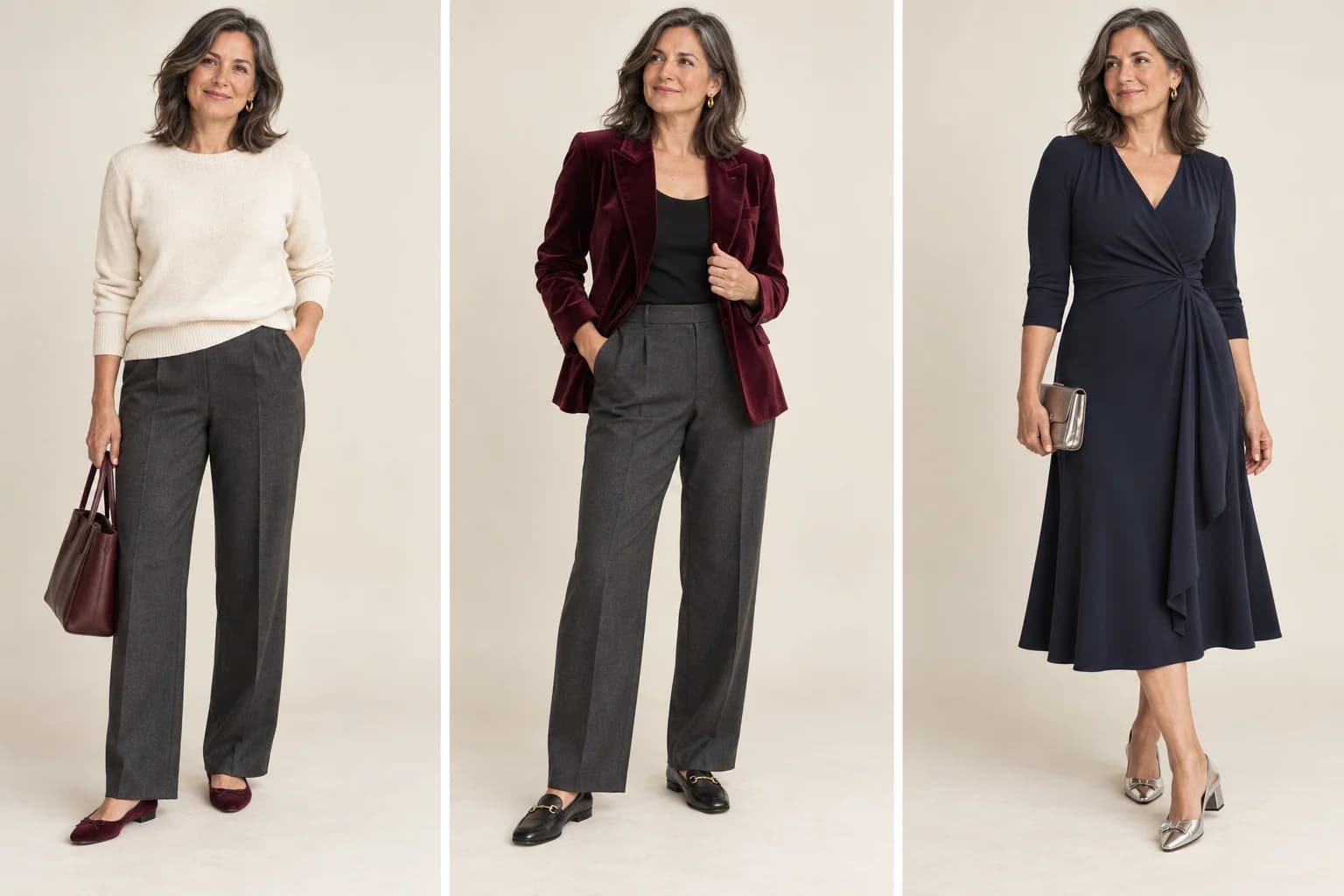 Three holiday-party outfits: cream knit and trousers, burgundy velvet jacket with trousers, and a navy midi dress with silver low heels.