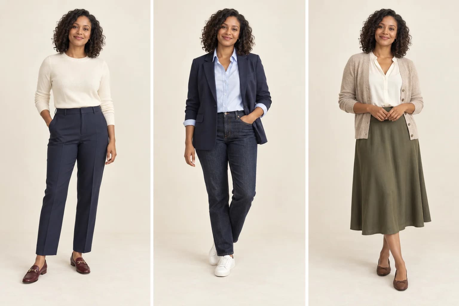 Three business-casual examples: navy trousers and knit, a blazer with dark jeans and sneakers, and an olive skirt with a cardigan and flats.
