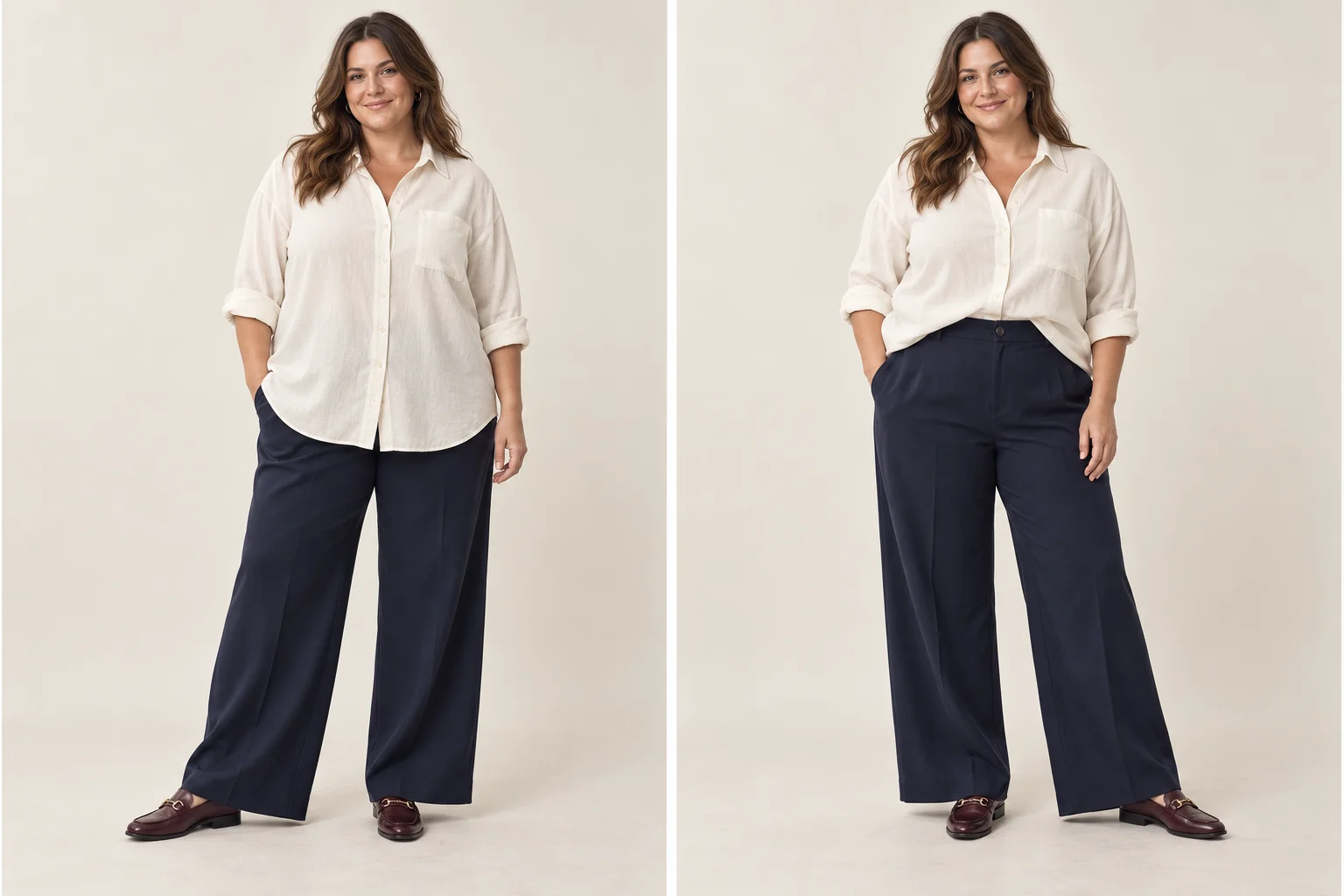 The same cream shirt and navy trousers worn with the shirt untucked and partially tucked, both with burgundy loafers.