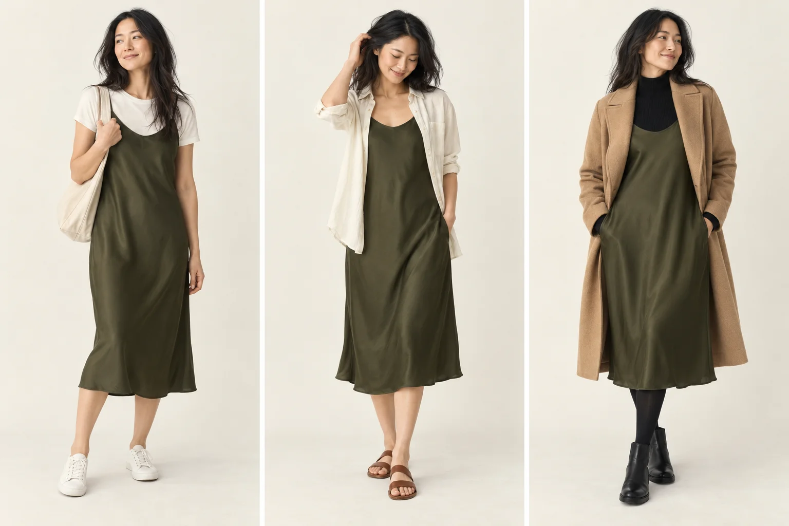 An olive slip dress styled over an ivory tee with sneakers, under an open shirt with sandals, and over a black knit with tights, boots and a coat.