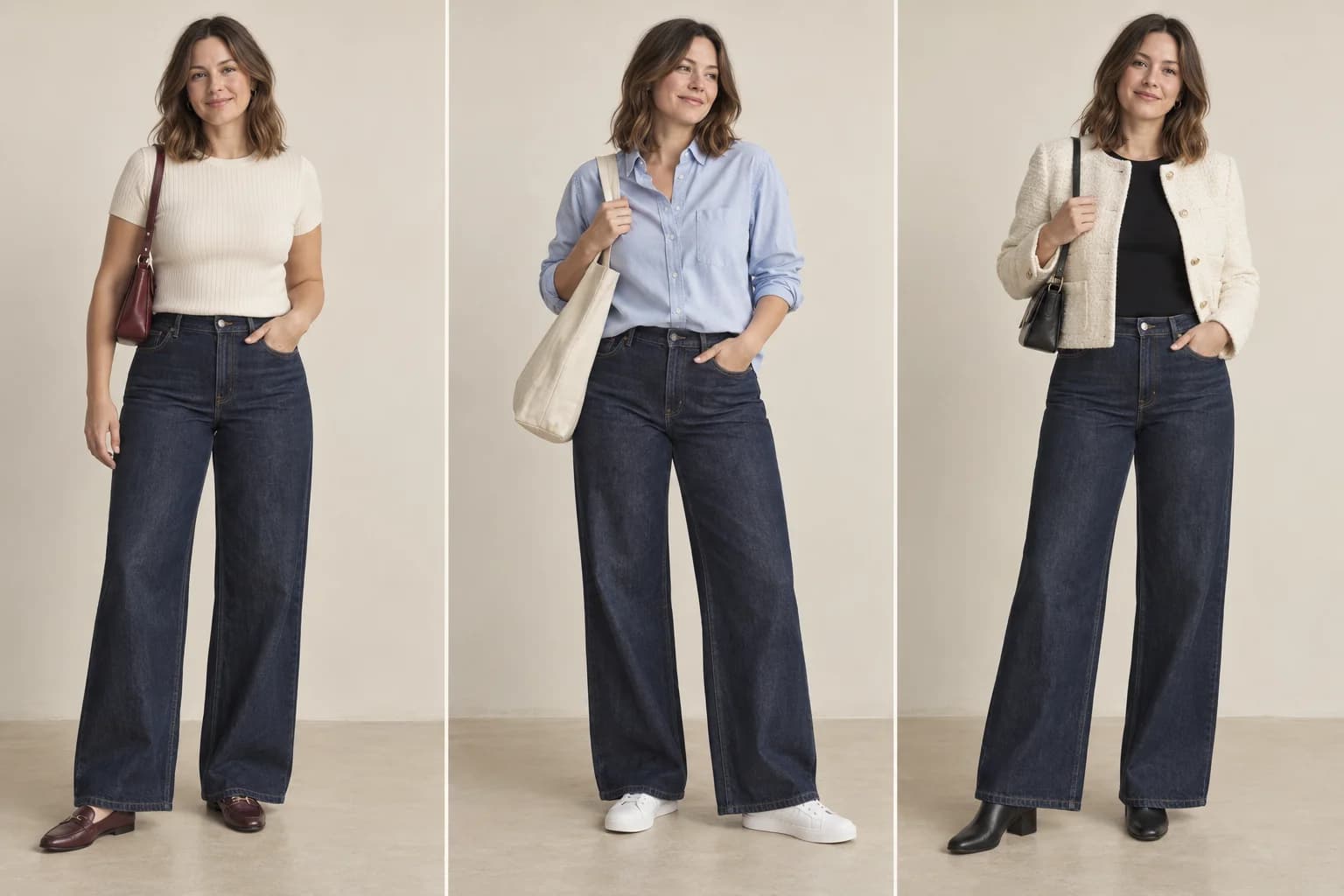 Three outfits with dark wide-leg jeans: ivory knit and loafers, blue shirt and sneakers, black knit with a short cream jacket and boots.